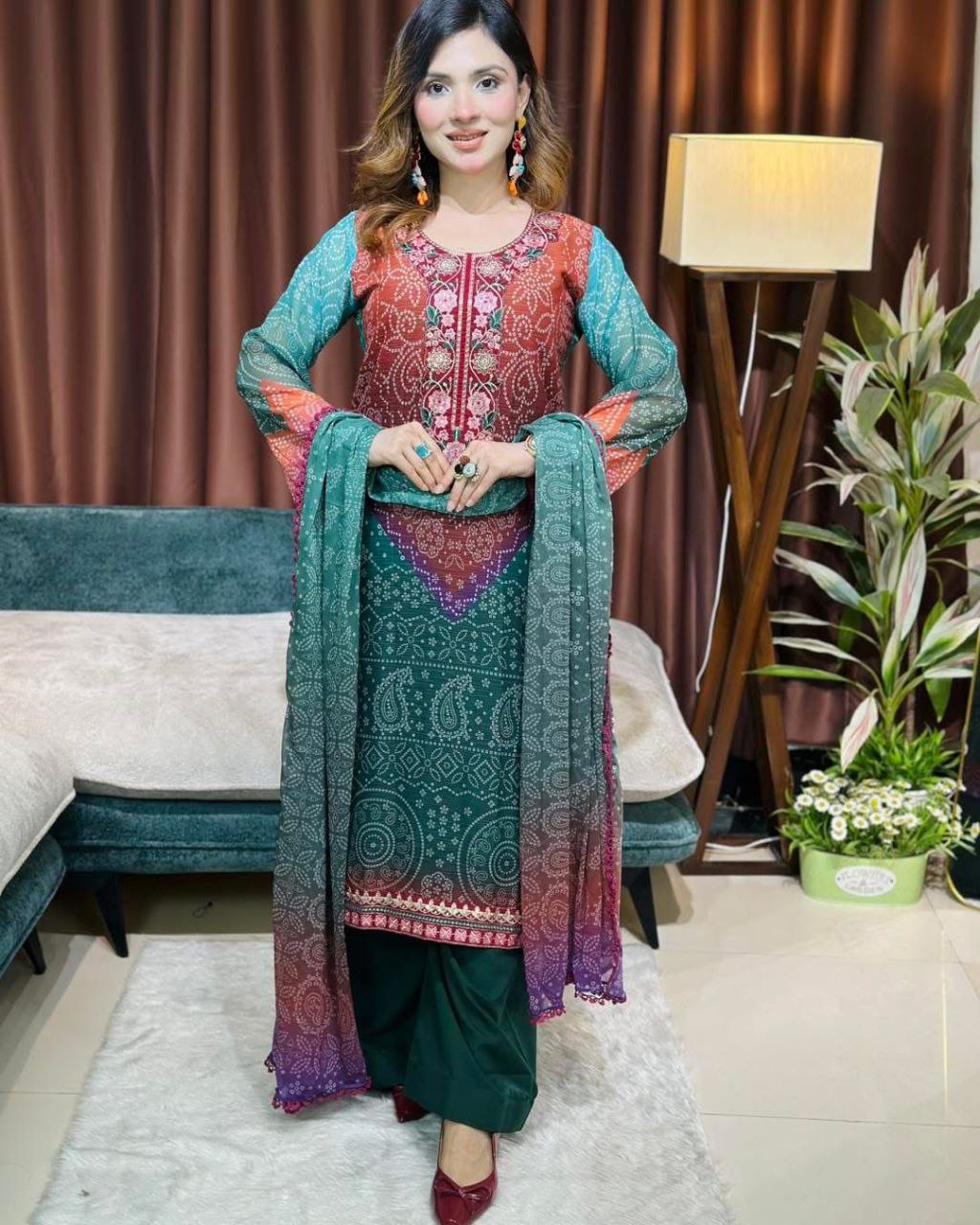 Elegant Green & Maroon Printed Salwar Kameez Set with Dupatta – Festive Ethnic Wear