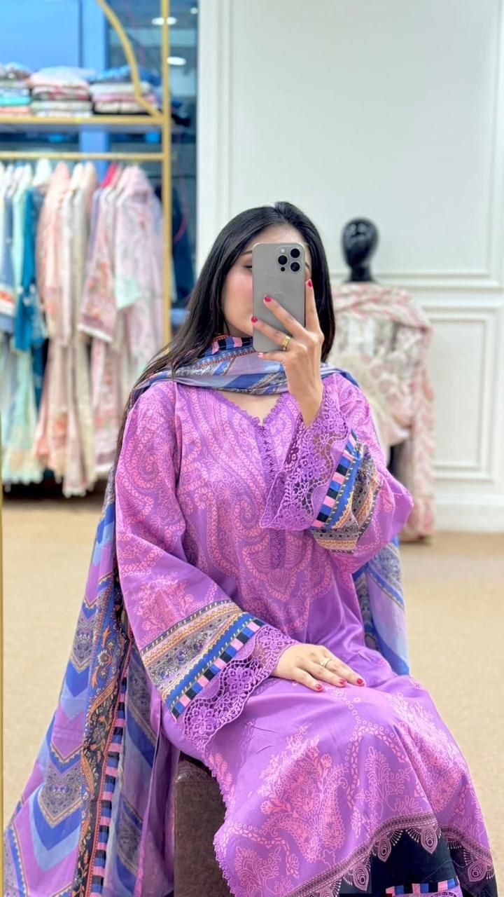 Elegant Purple Printed Lawn Suit with Dupatta – Designer Ethnic Wear for Women