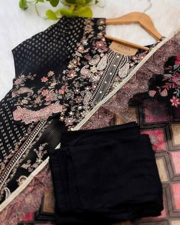 Elegant Black Printed Lawn 3 Piece Unstitched Suit with Dupatta