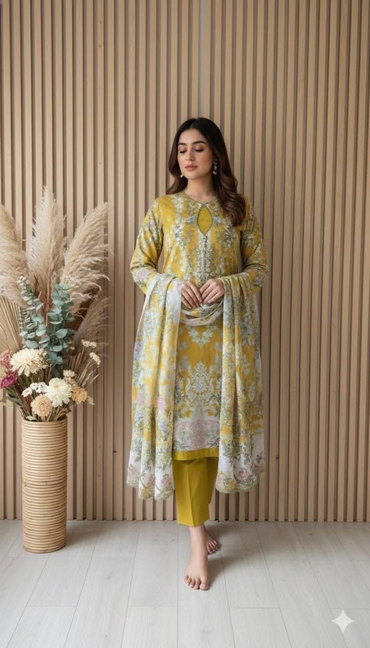 Mustard Floral Printed Lawn 3-Piece Salwar Kameez Set